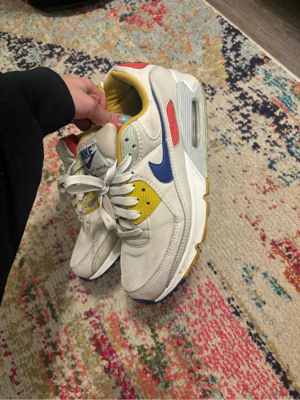 Nike Women's White Sneakers with Blue Swoosh and Yellow Lining